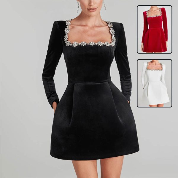 Elegant Square Neck Long-sleeved Dress